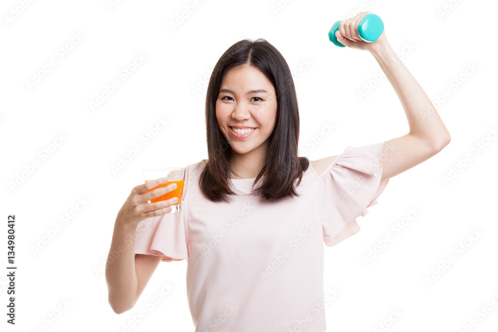 Young Asian woman with dumbbell drink orange juice. Young Asian woman with dumbbell drink orange juice.