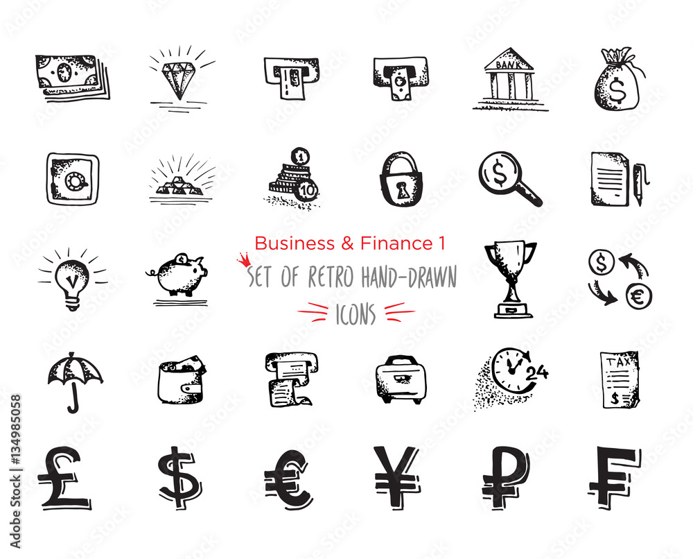 Hand-drawn sketch finance web icon set - economy, money, , payments