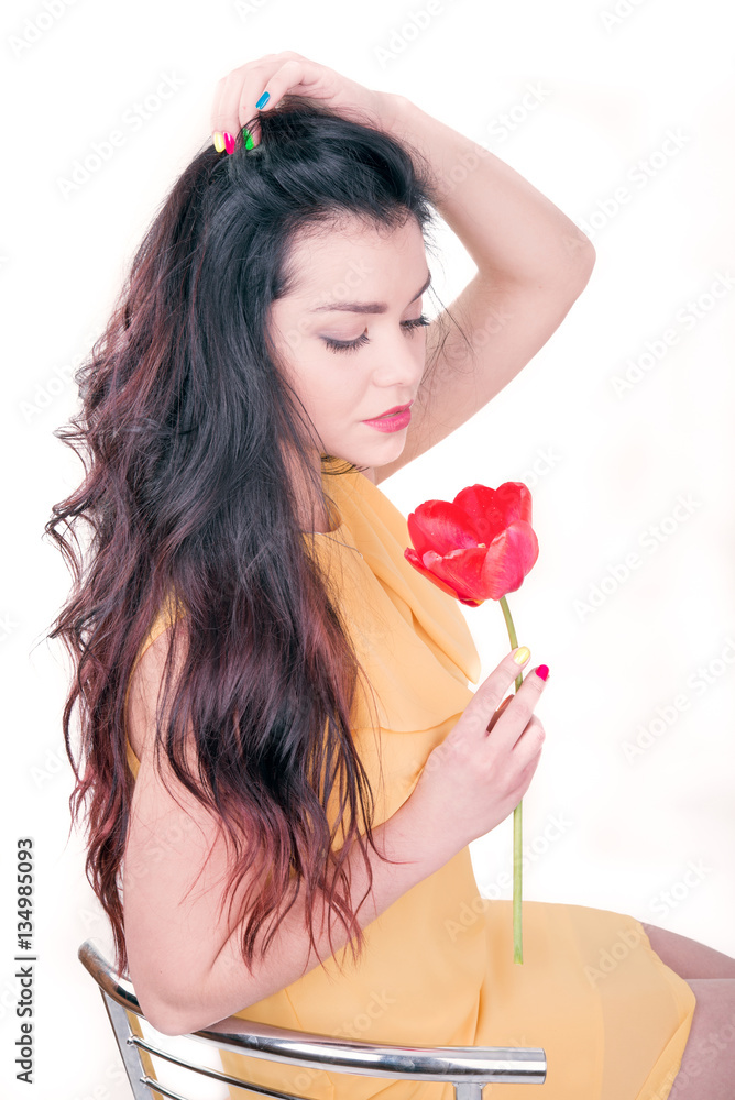 Fototapeta premium girl with red tulips