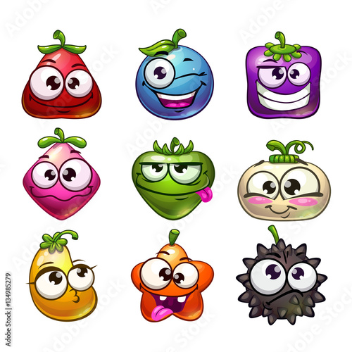 Funny cartoon fruit and berry characters set.