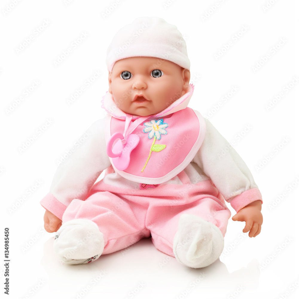 Tiny tots doll with dummy, isolated on white background with shadow reflection. Caucasian newborn baby doll with soother. Dolly on white. Puppet on white background. Tiny tots doll with dummy, isolated on white background with shadow reflection. Caucasian newborn baby doll with soother. Dolly on white. Puppet on white background.