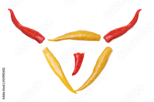 Chili peppers in devil's shape. Red chili peppers isolated on white background. Old Nick shape created with red chili peppers. photo