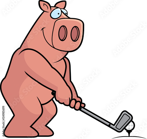 Cartoon Pig Golfing