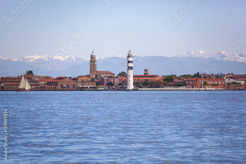 Panoramic view of Murano island with Murano beacon, Venice lagoon