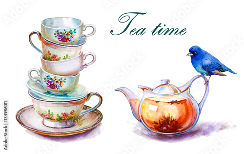 Canvas Print Party colorful tea cups and saucers closeup