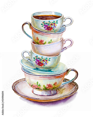 Party colorful tea cups and saucers closeup. Sketch handmade. Postcard for Valentine's Day. Watercolor illustration.