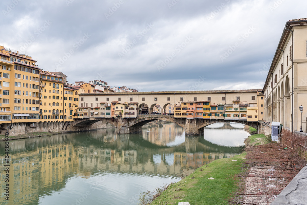 Medieval Ponte Vecchio and the Arno River in Florence in Tuscany-Italy