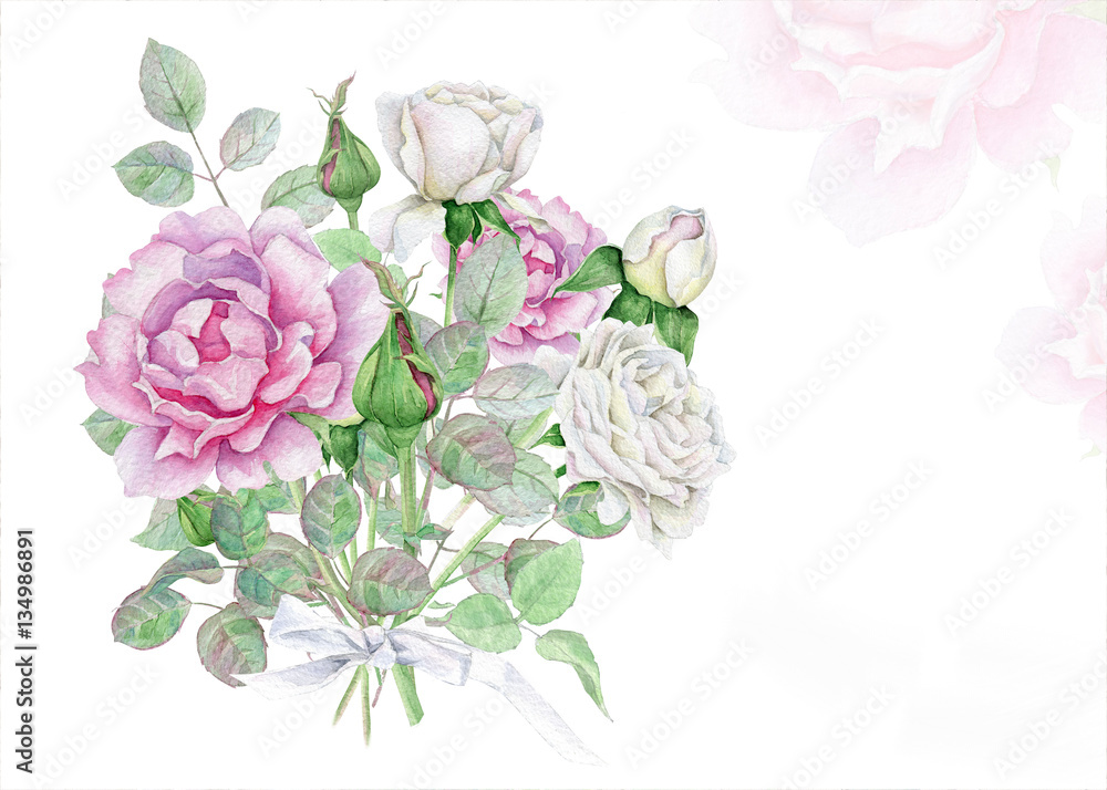 Watercolor floral bouquet with pink and white roses