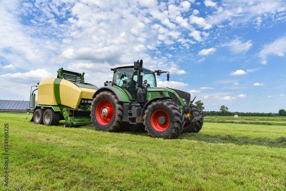 Fototapeta Traktor żniwny z prasą do balotów okrągłych wykorzystywany do kiszonki z trawy
