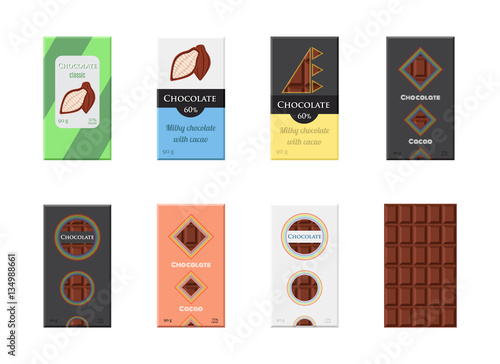 Chocolate bar set. Cacao label package. Sweet milky product.