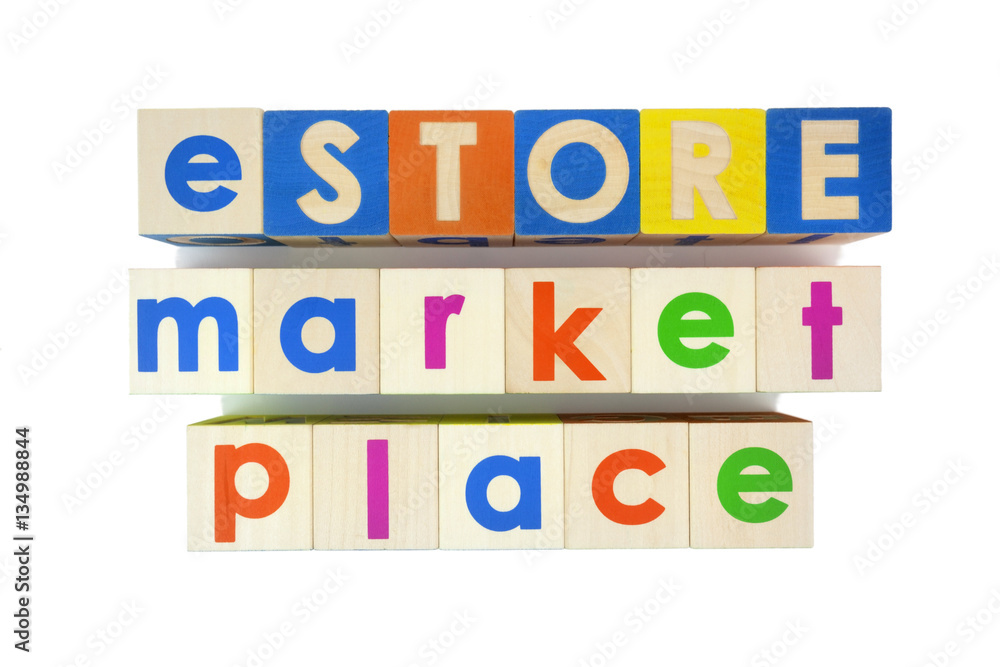 eSTORE marketplace concept spelled out with toy blocks. Isolated. eSTORE marketplace concept spelled out with toy blocks. Isolated.