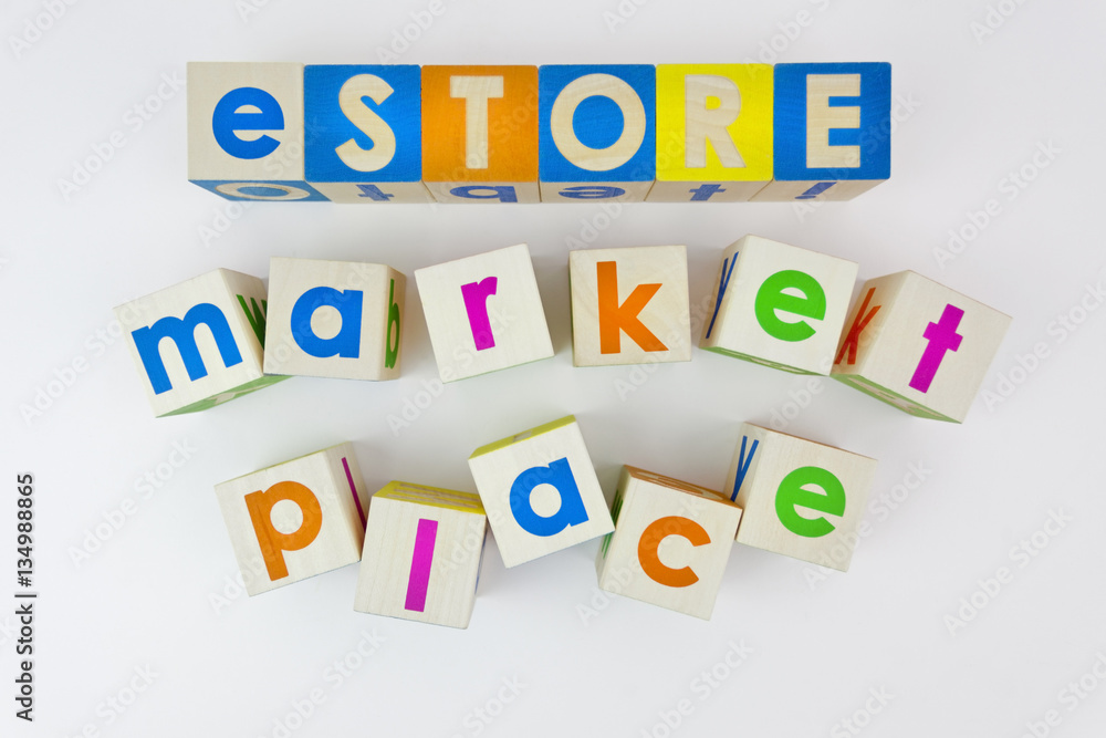 eSTORE marketplace concept spelled out with toy blocks. Isolated. eSTORE marketplace concept spelled out with toy blocks. Isolated.