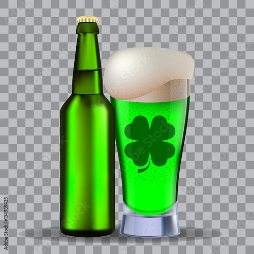 Glass and a brown bottle of beer isolated on transparency grid. Stock vector illustration. Green beer on st Patrick's Day.