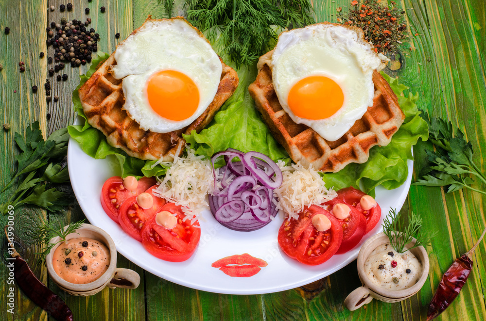 Fried eggs and tomatoes on a white plate. Fried eggs and tomatoes on a white plate.