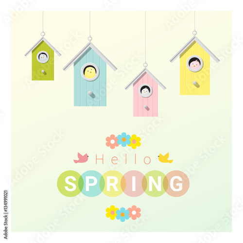 Hello spring background with little birds in birdhouses , vector , illustration