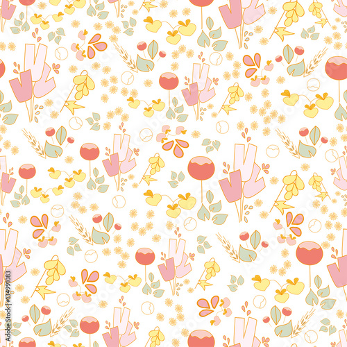 Colorful floral seamless pattern hand-drawn on white background