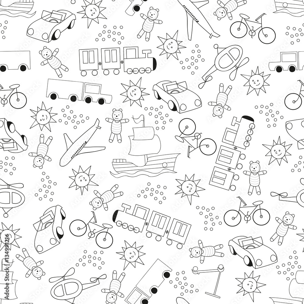Obraz premium Children outline seamless pattern for boys on white background.