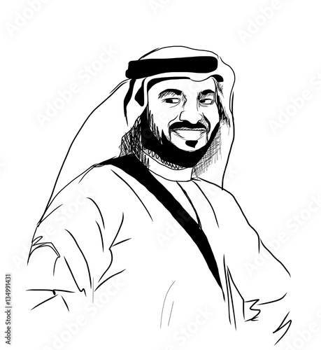 Sketch of Arabic man in traditional dress with smile in vector.