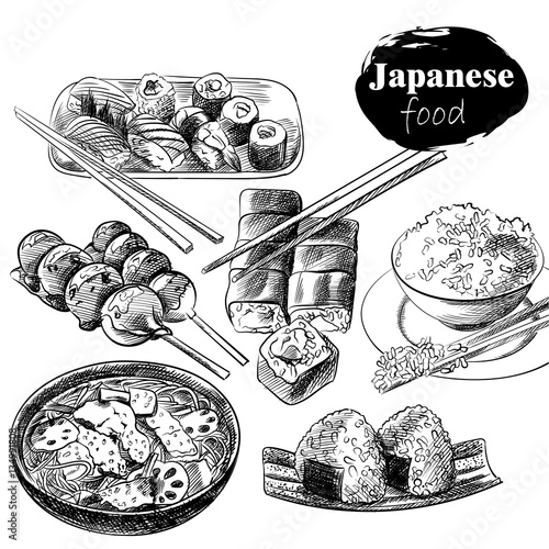 Set of hand drawn Japanese food isolated on white background. Japanese food sketch elements. Retro hand-drawn sushi with chopsticks vector illustration. Great for poster, banner, voucher, coupon.