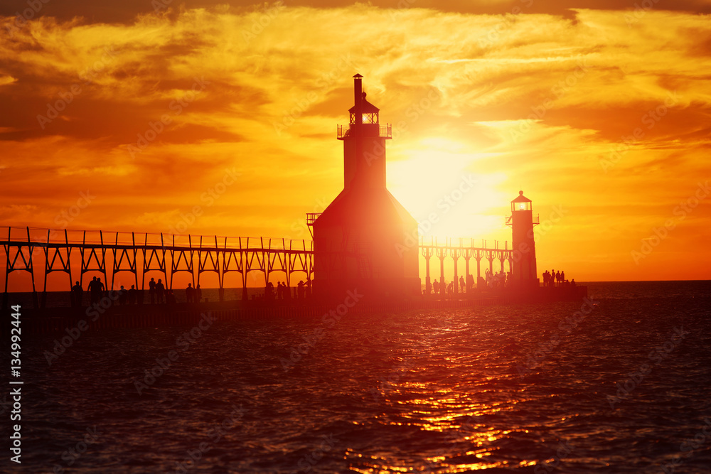 St Joseph Lighthouse on Lake Michigan at sunset