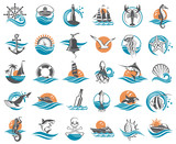 nautical collection of design elements with ships, lighthouse, anchor, helm, lifebuoy, compass and sea life