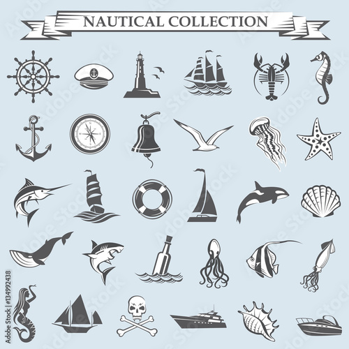 nautical collection of design elements with ships, lighthouse, anchor, helm, lifebuoy, compass and sea life