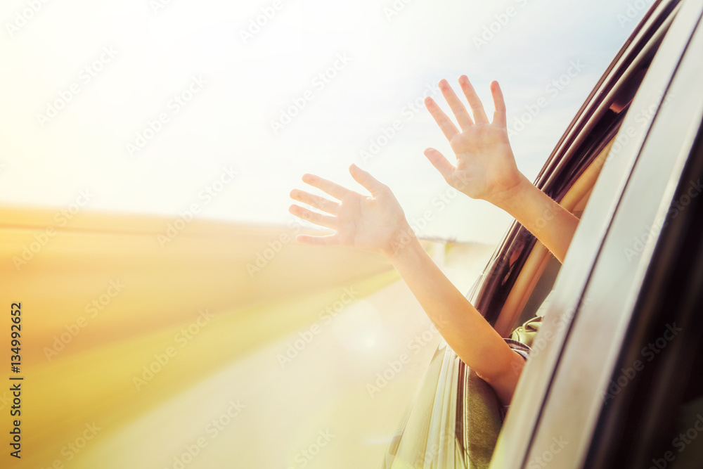 Obraz premium Person's hands out of the car window driving down a country road