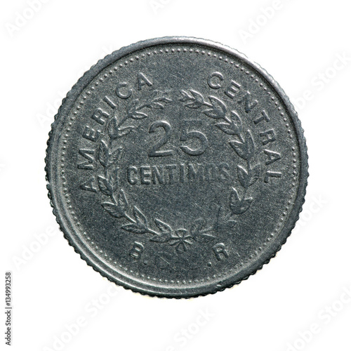  metal coin twenty-five centimes Costa Rica isolated on white ba photo