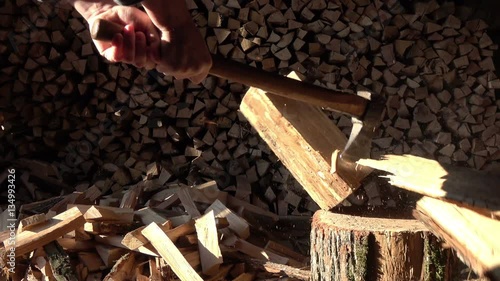 A man split oak log long old ax photo