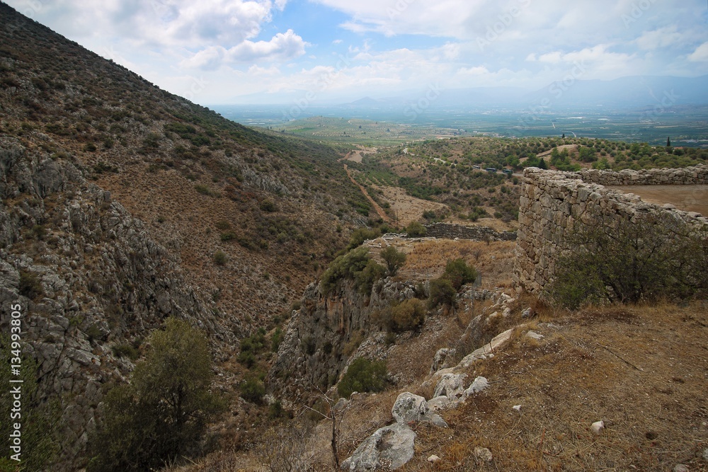 Landscape around Mycenae and ruins of the ancient city