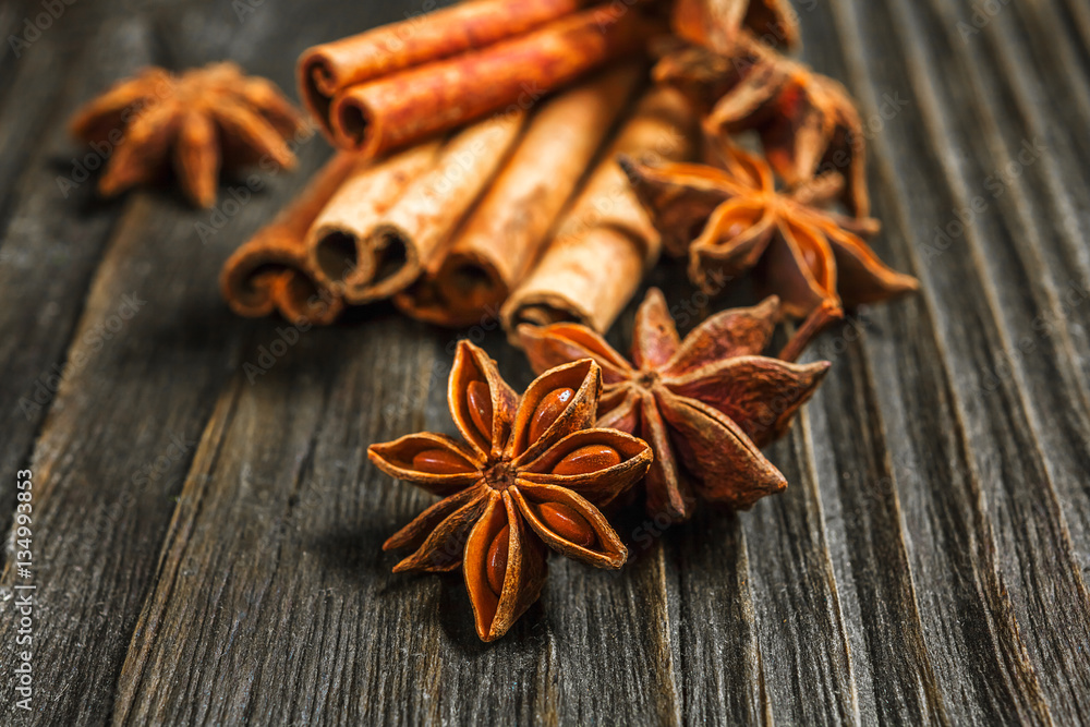 Spices and herbs. Food and cuisine ingredients. Cinnamon sticks, Spices and herbs. Food and cuisine ingredients. Cinnamon sticks,