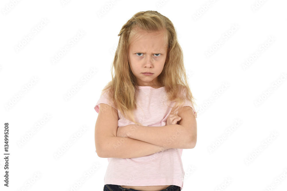 sweet young schoolgirl with blond hair and folded arms angry upset frustrated and unhappy sweet young schoolgirl with blond hair and folded arms angry upset frustrated and unhappy