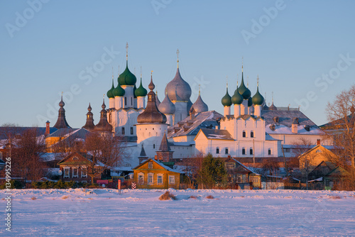 Rostov Velikiy  and Kremlin ensemble in the winter sunset. Gold ring of Russia