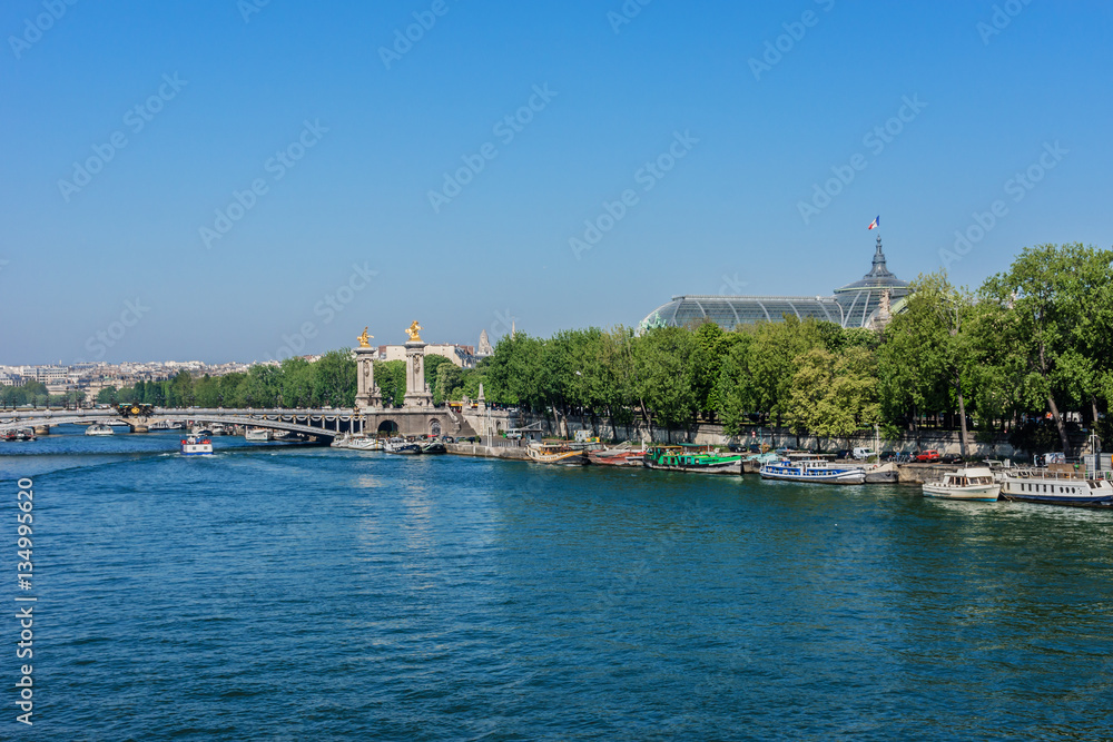 Seine River Embankments and Alexandre III bridge. Paris, France.
