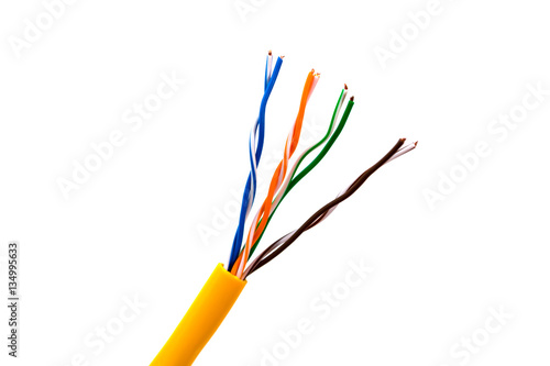 An ethernet wire  cable or yellow patch-cord with twisted pair.