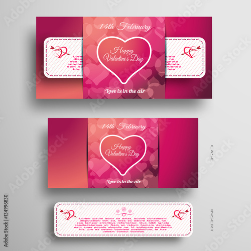 Vector set of red and pink greeting card for Valentine's Day with insert white paper stripe on the gray background.