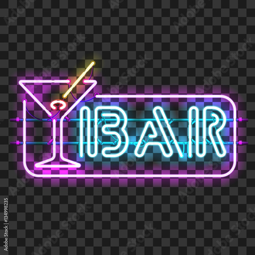 Glowing neon bar sign with martini glass