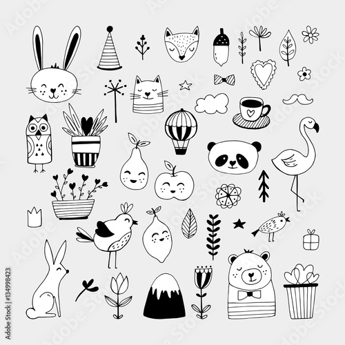 Modern cute animals and nature elemets black and white hand draw