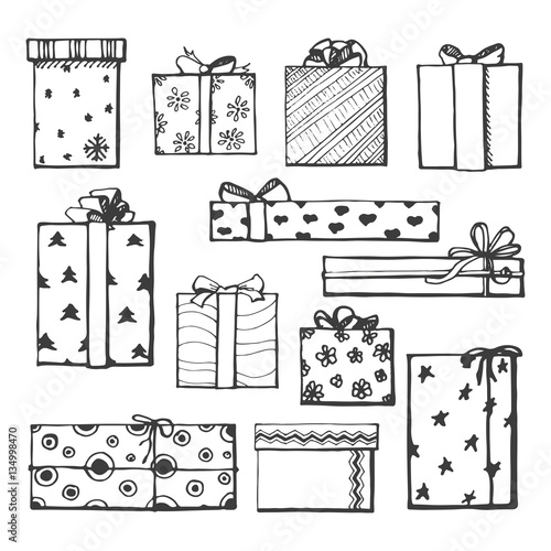 Hand drawing vector set with gifts. Gifts for different holidays. On New Year's Eve, Christmas, birthday, Valentine's Day and others.