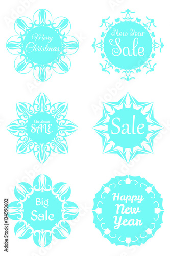 Set of festive stickers snowflakes with the text.