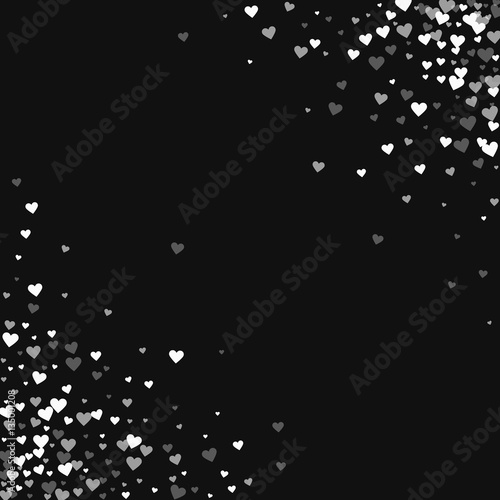 White hearts confetti. Scatter cornered border on black valentine background. Vector illustration.