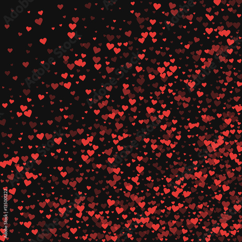 Red hearts confetti. Abstract random scatter on black valentine background. Vector illustration.