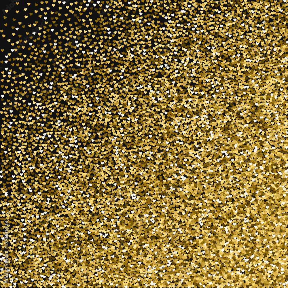 Golden glitter made of hearts. Abstract random scatter on black valentine background. Vector illustration.