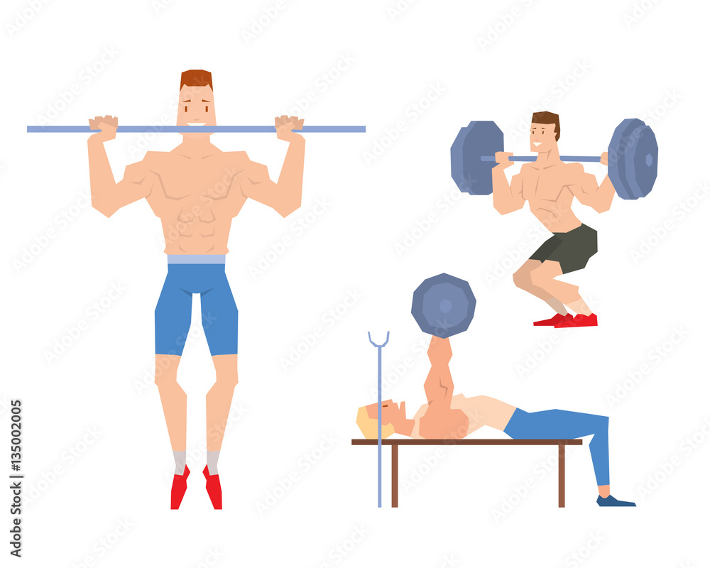 Obraz premium Man lifting heavy weight barbell sport gym people vector.