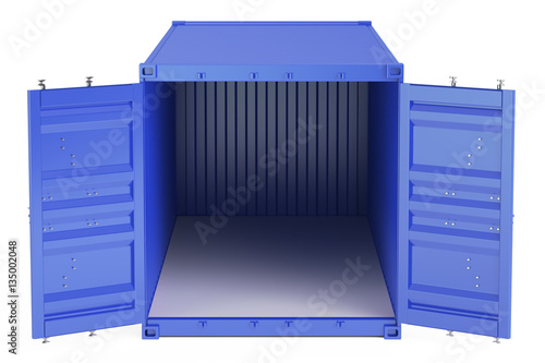 blue opened empty cargo container, front view. 3D rendering