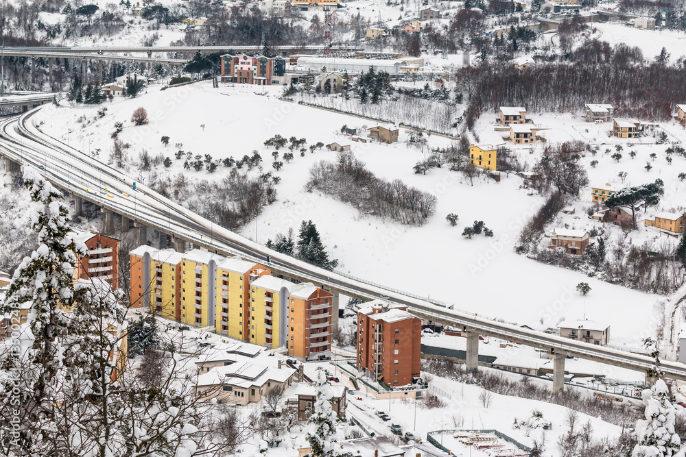 urban panorama in snow