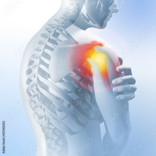 Concept of shoulder pain. Transparency of the skeleton and body. 3d render.