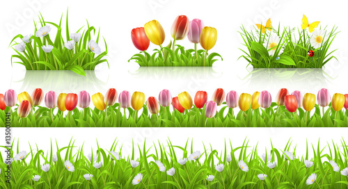Spring seamless pattern, grass and flowers 3d vector set