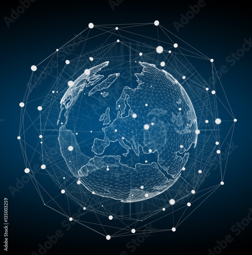 Fototapeta Naklejka Na Ścianę i Meble -  Floating white and blue planet earth network 3D rendering