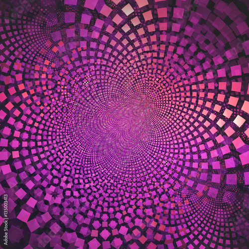 Magenta and pink fractal with squares curving out from the center; an abstract background